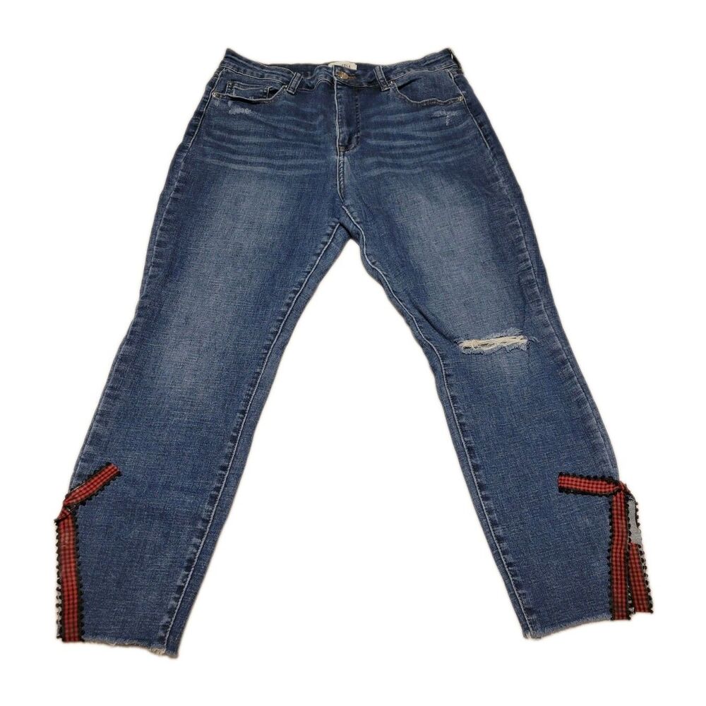 Pistola Women's Skinny Jeans 32 Blue Medium Wash Distressed Stretch Bow buttom